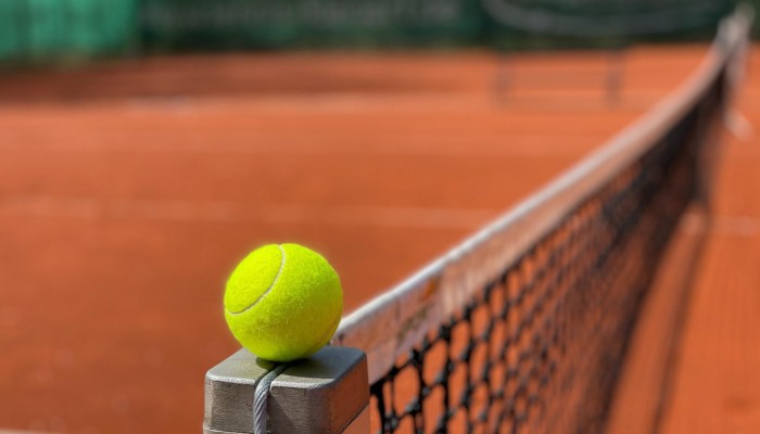 Yellow tennis ball on net