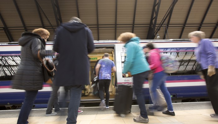 Customers boarding a train
