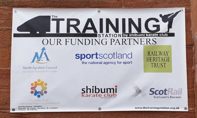 The Training Station, Saltcoats, plaque which displays funding partners: North Ayrshire Council; Sport Scotland; Railway Heritage Trust; North Ayrshire Community Planning Partnership; Shibumi Karate Club; and ScotRail. 