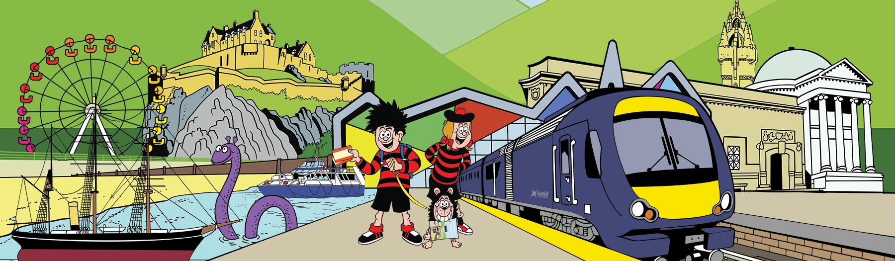 Beano and Gnasher illustration with ScotRail train and Scottish landmarks