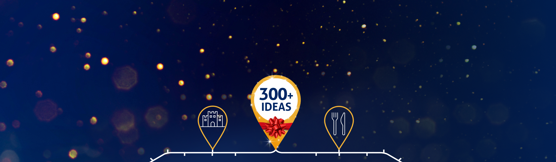 Festive illustration which displays a pin with a red bow on it, which reads 300+ ideas