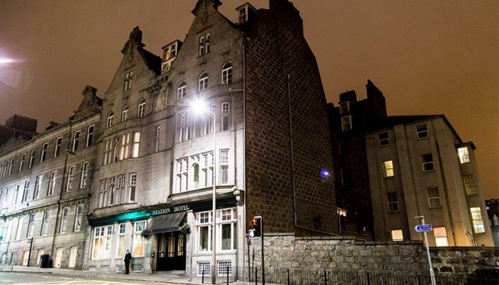 The Station Hotel, Aberdeen at night.