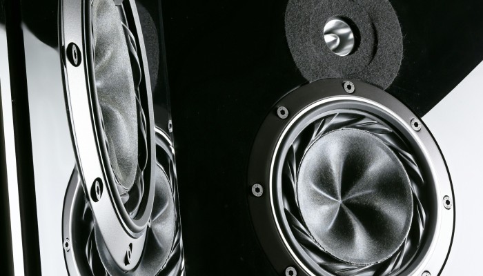 Black and white image of two large shiny speakers