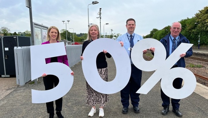 Transport Minister Jenny Gilruth MSP, ScotRail Area Manager Pamela Young, Station Manager Bob Malcolm and Station staff Mark Simpson launch the half price seat sale. 