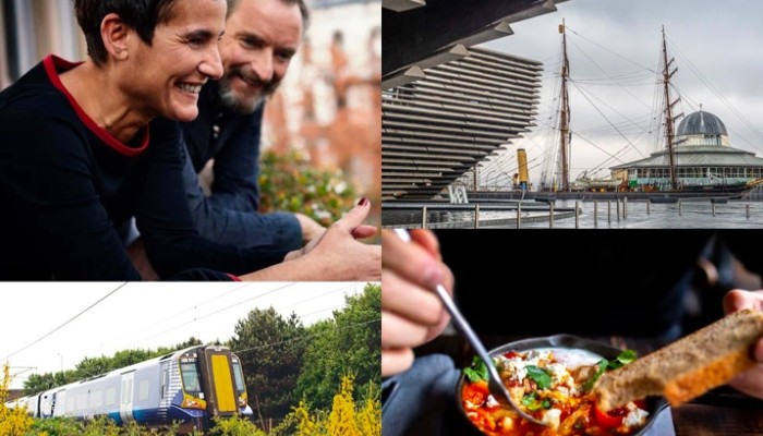 Image montage of couple aged 50+, a ScotRail train, dining out, and V&A Dundee