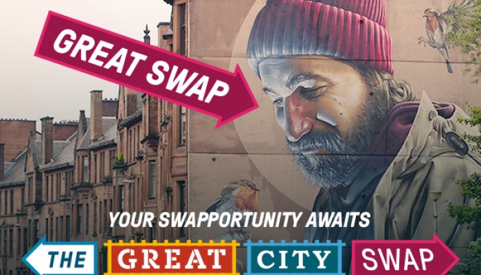 "Great Swap. Your Swapportunity awaits. The Great City Swap." An image of a mural painting in Glasgow.