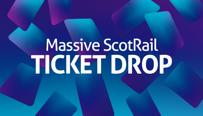 Illustration of tickets falling with text over the top reading: Massive ScotRail Ticket Drop 