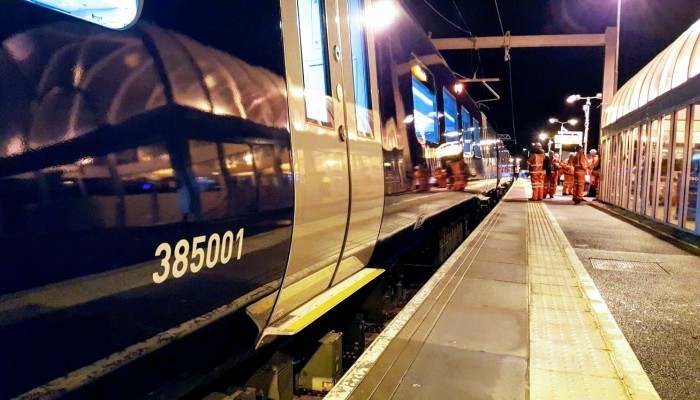 A Class 385 electric train at Linlithgow station