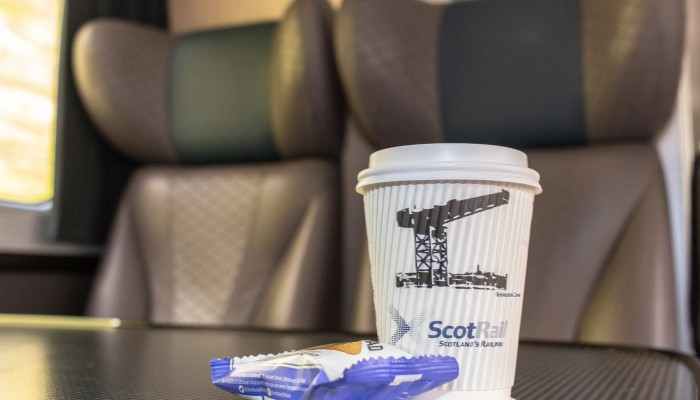 A coffee and biscuits on board a ScotRail Inter7City service