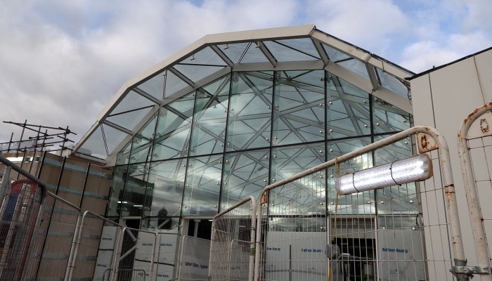 Low angle shot of new dome shape glass roof at Motherwell station