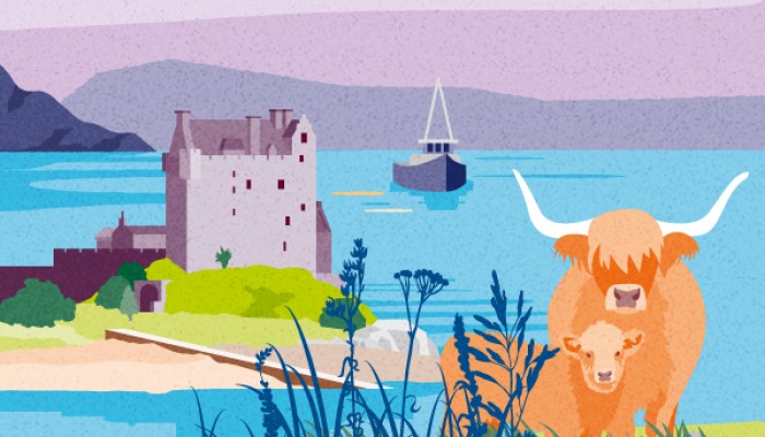 Illustration of a castle, boat and Highland cattle