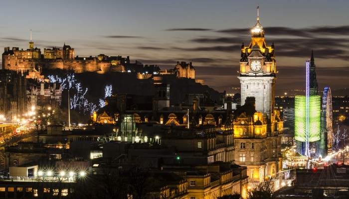 Edinburgh city centre at night at Christmas time