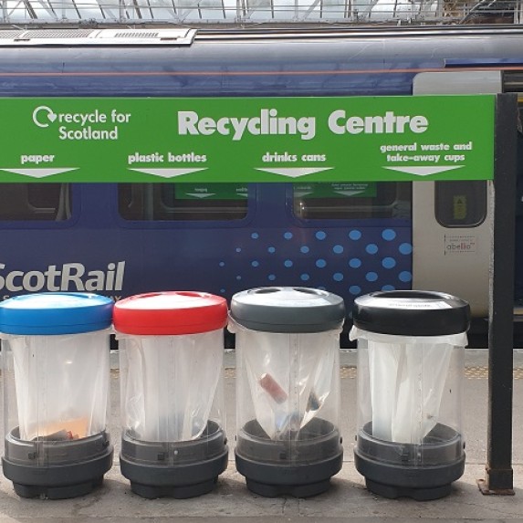 Recycling bins at Glasgow Central station