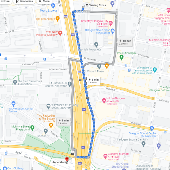 Google Maps displaying walking from between Anderston and Charing Cross