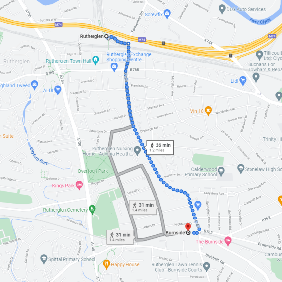 Image of Google Maps walking route from Rutherglen to Burnside