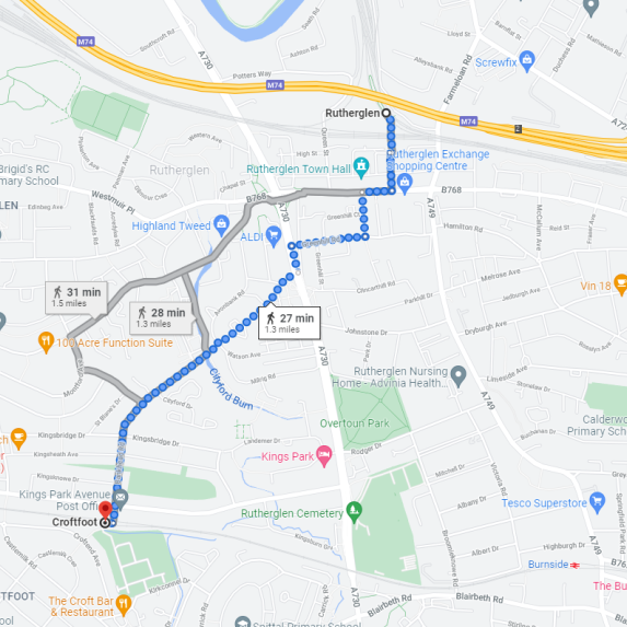 Image of Google Maps walking route from Rutherglen to Croftfoot 