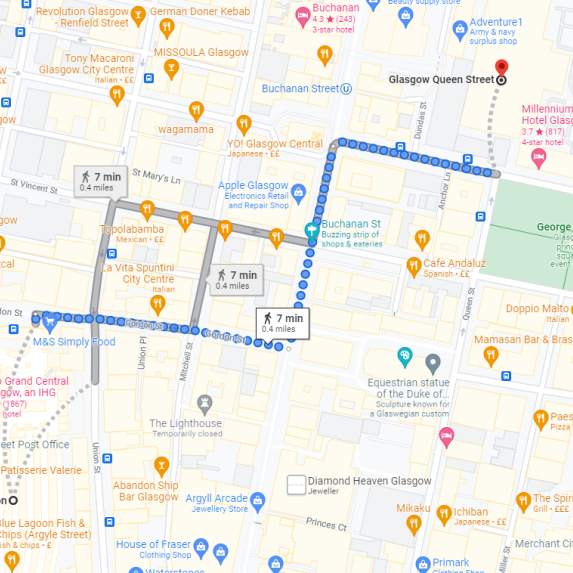 Image of Google maps walking route from Glasgow Central to Glasgow Queen Street