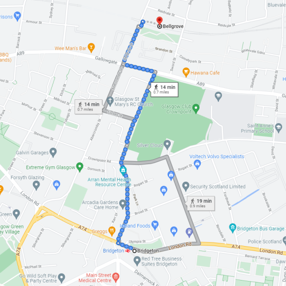 Image of Google Maps walking route from Bridgeton to Bellgrove
