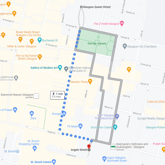 Image of Google maps route from Argyle Street to Glasgow Queen Street