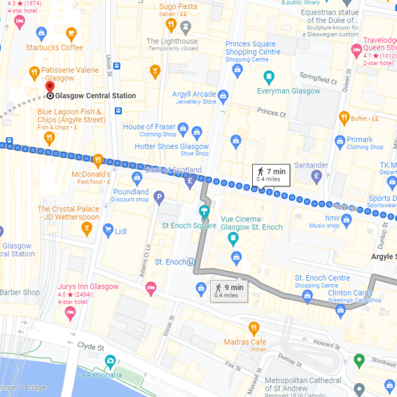 Google Maps displaying walking route between Argyle Street and Glasgow Central