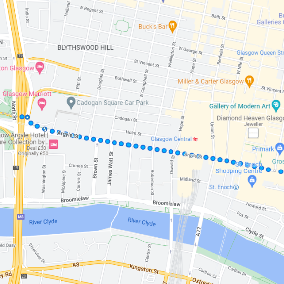 Google Maps displaying walking route between Anderston and Argyle Street
