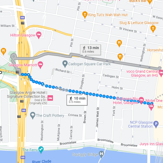 Google Maps displaying walking route between Anderston and Glasgow Central