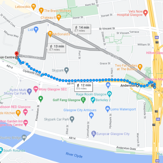 Google Maps displaying walking route between Anderston and Exhibition Centre