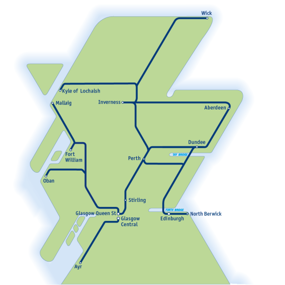 Map of Advance tickets on intercity routes such as Glasgow and Edinburgh to Aberdeen and Inverness, as well as coastal destinations like Oban, Ayr and North Berwick. Advance fares are not available for travel between Edinburgh and Glasgow. 