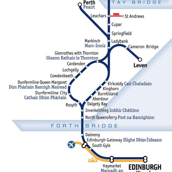 Map of Fife Cycle railway network, which displays Cameron Bridge and Leven stations location after Kirkcaldy