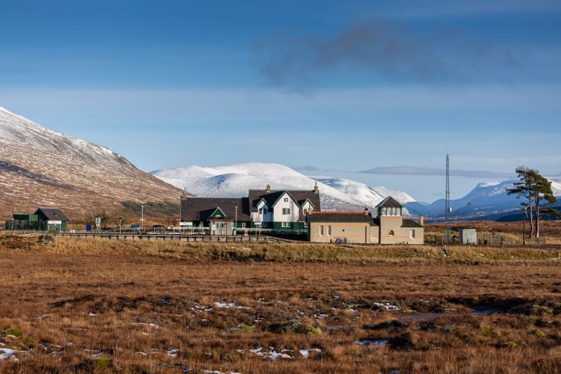 Corrour station with scenic backdrop