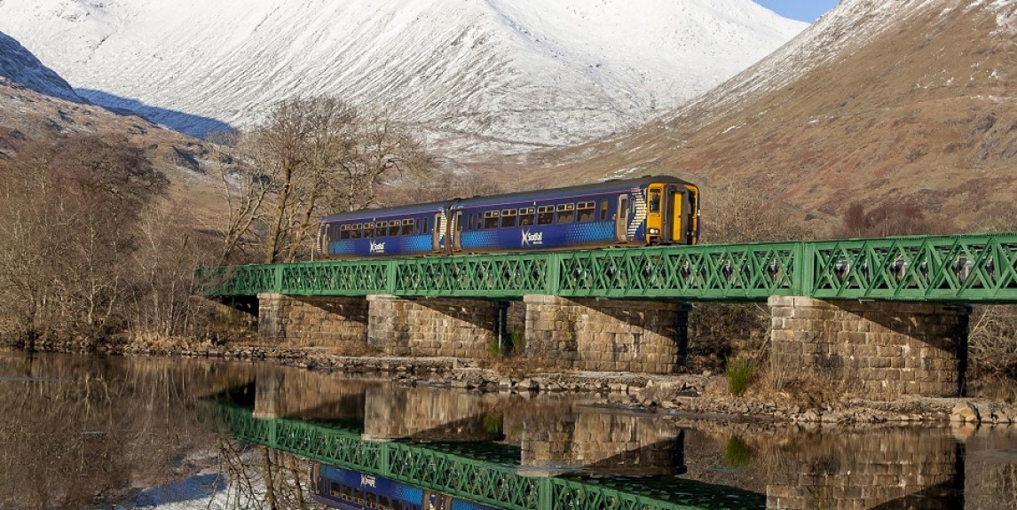 ScotRail train crossing Loch Awe in winter