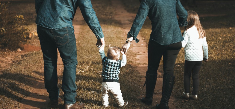 Young family walking a green forest and holding hands with their toddler