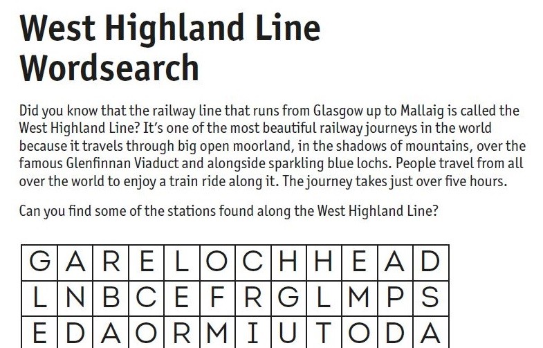 West Highland Line wordsearch 