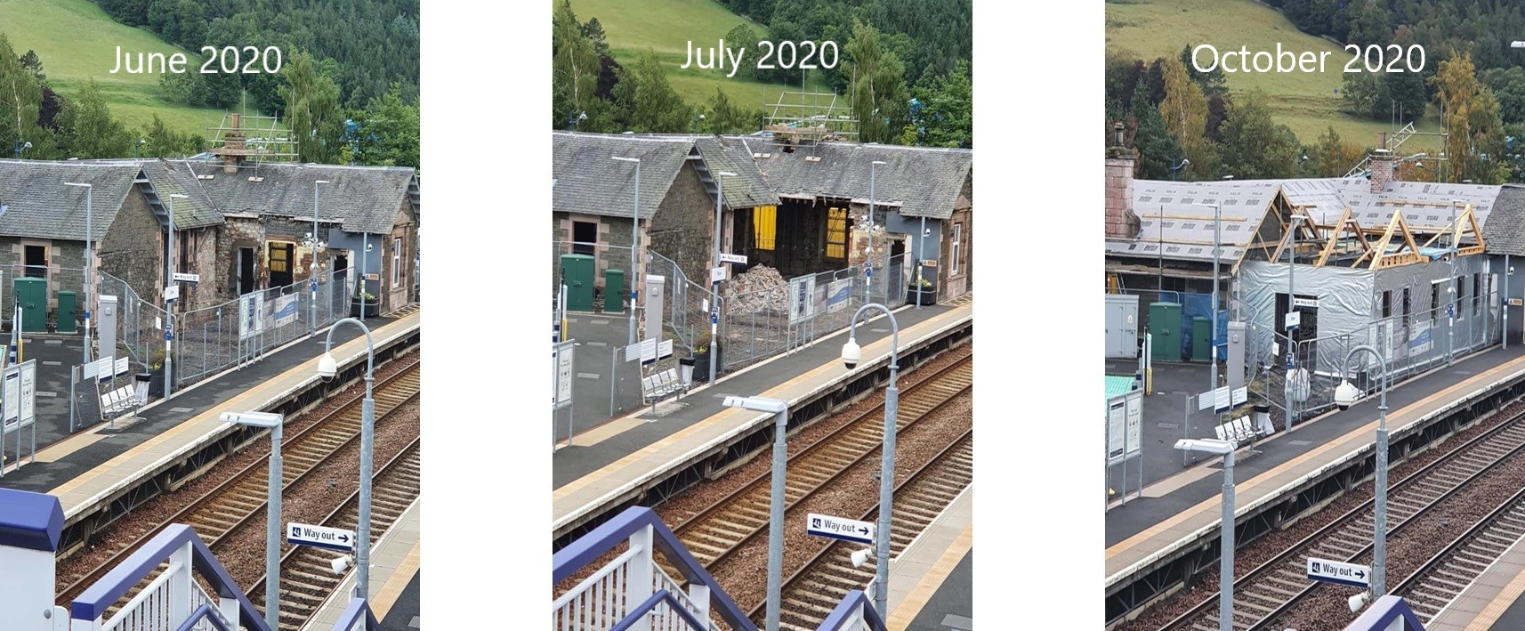 Stow Station progress pictures - three images, side by side, from June 2020 to October 2020