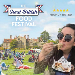 The Great British Food Festival. Highly rated. Poster displaying female eating food outdoors. 